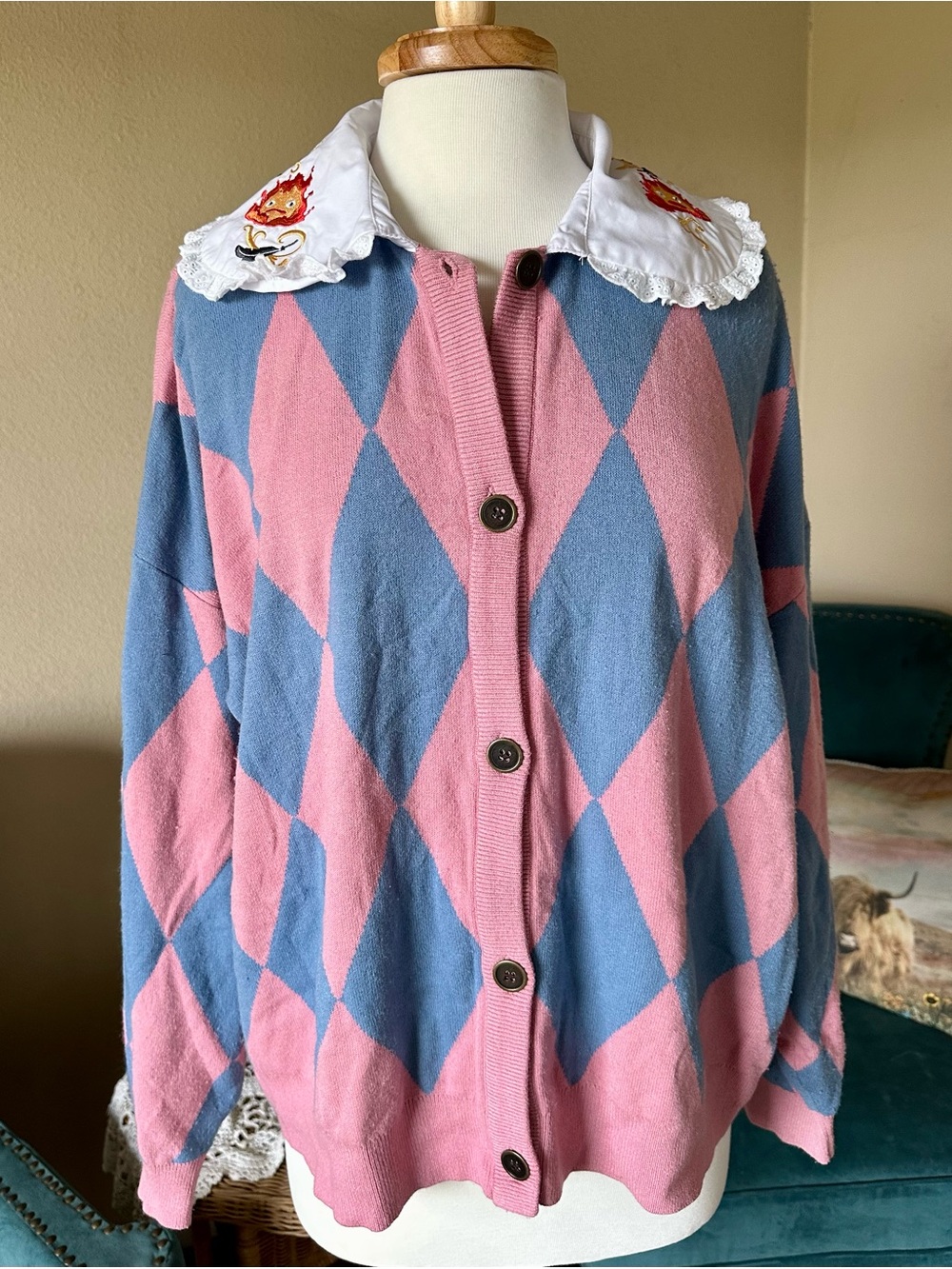 Studio Ghibli Howl’s Moving Castle Calcifer Argyle Sweater Cardigan 3X